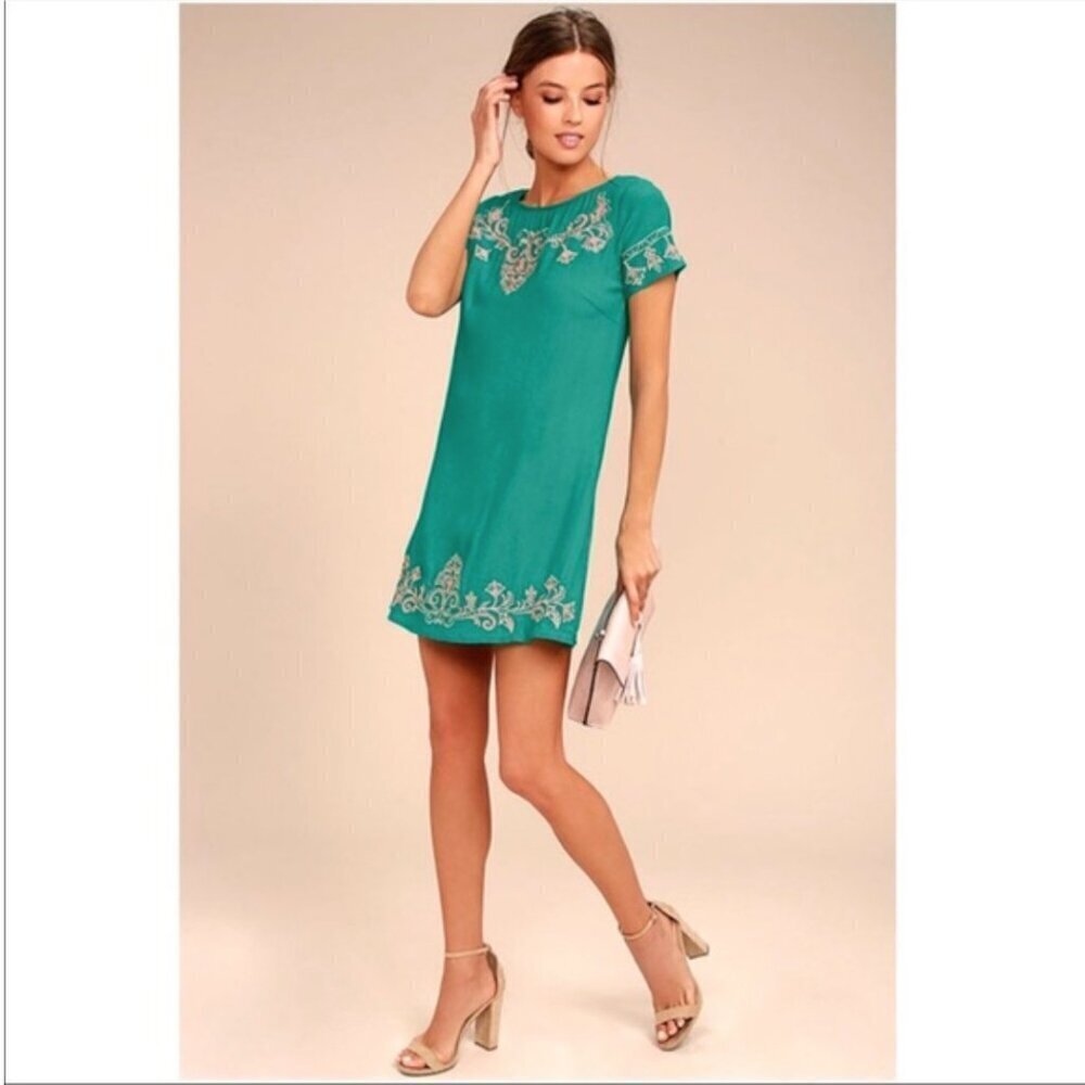 Lulus Tale To Tell Teal Embroidered Shift Dress Medium